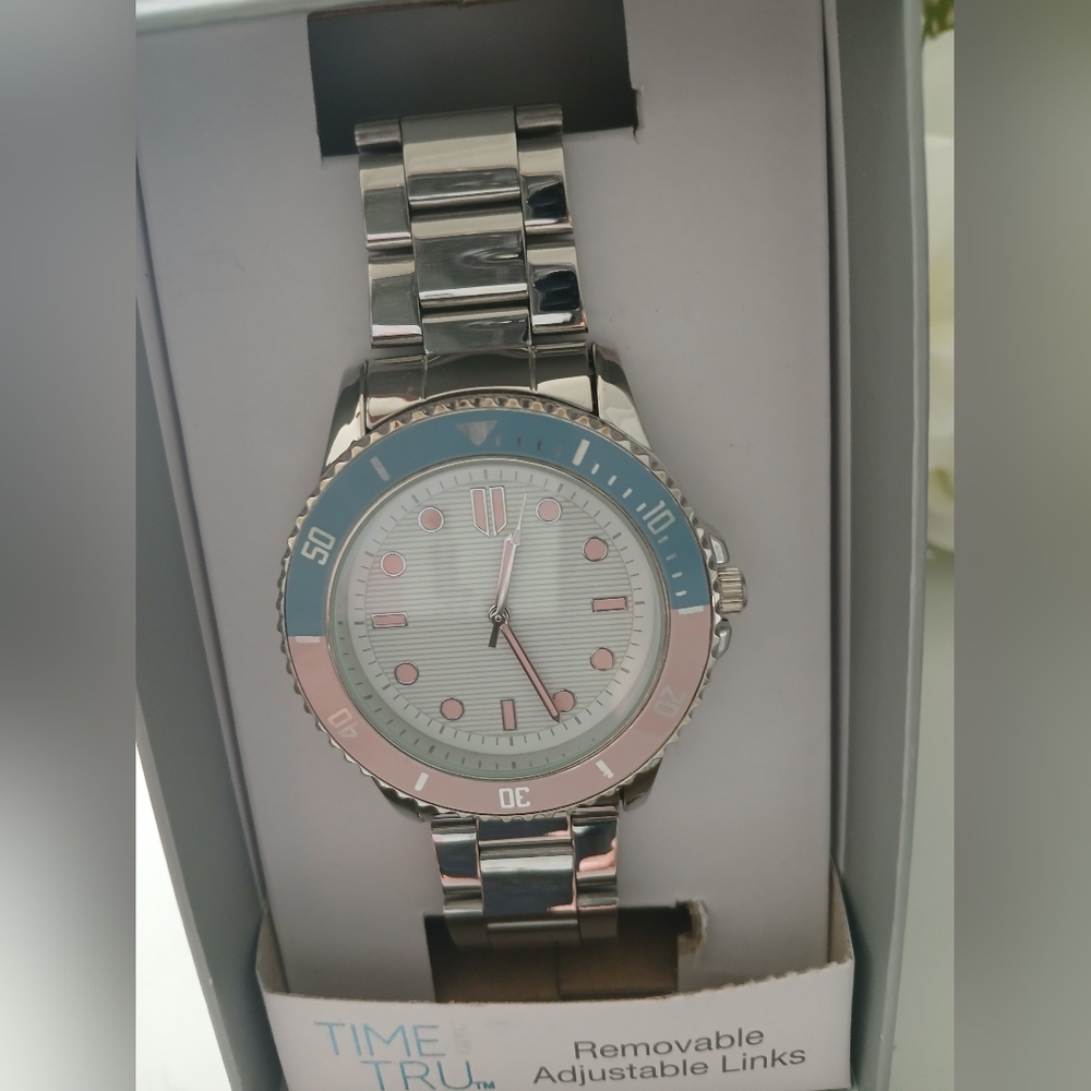 Time and Tru Silver and Blue/Pink Analog Watch